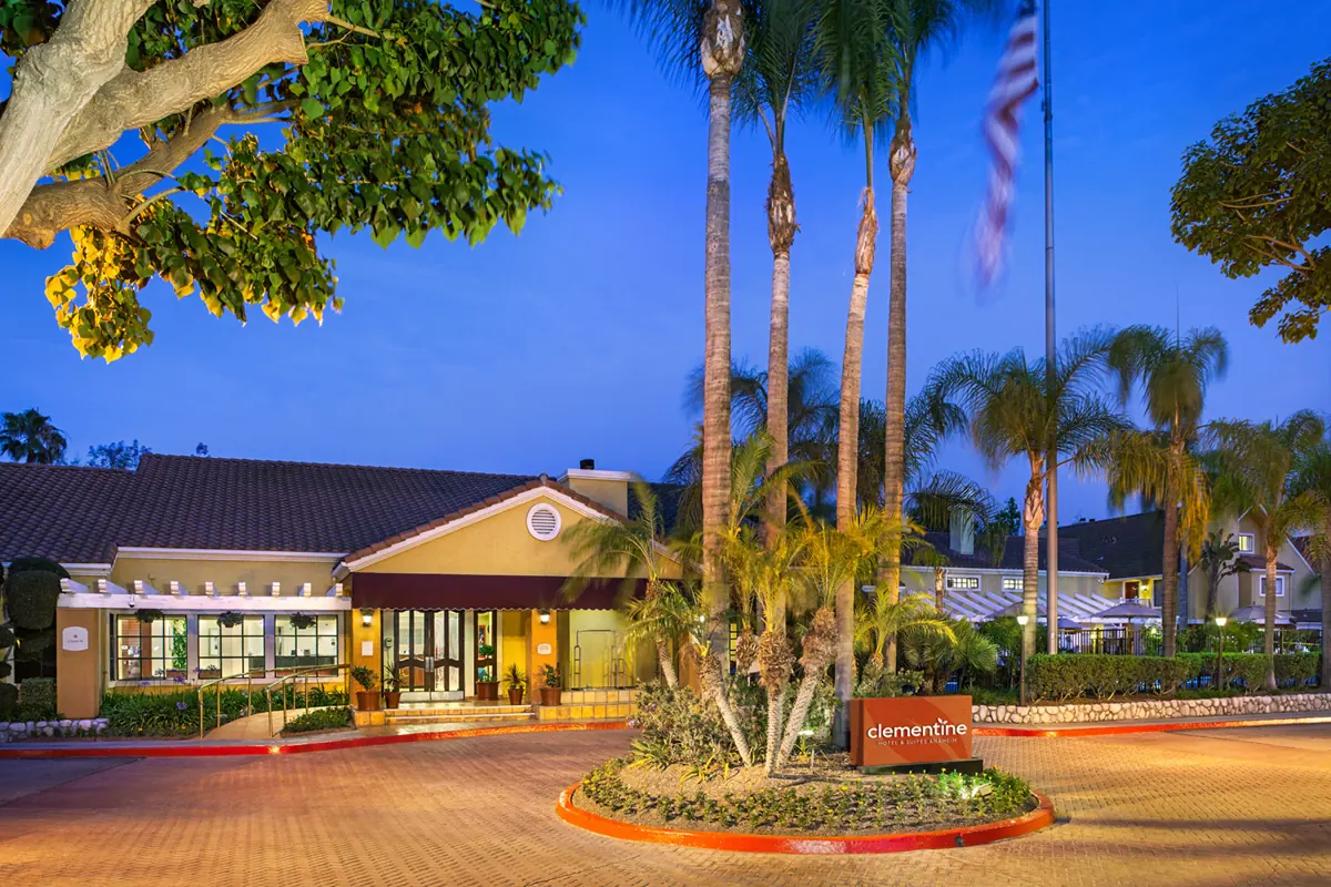 Hotel entrance at dusk with palm trees, a sign reading clementine and a circular driveway.