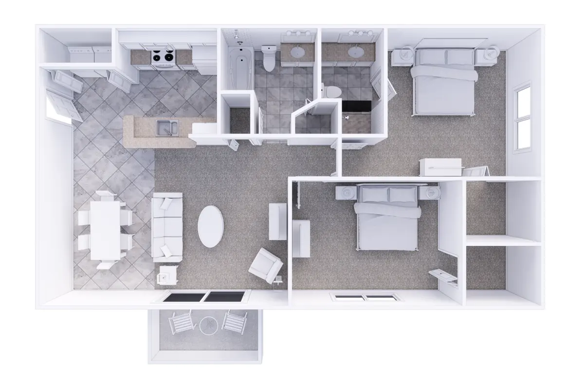 Overhead floor plan of a two-bedroom unit with a kitchen, living and dining area, two bedrooms, two bathrooms and a balcony.